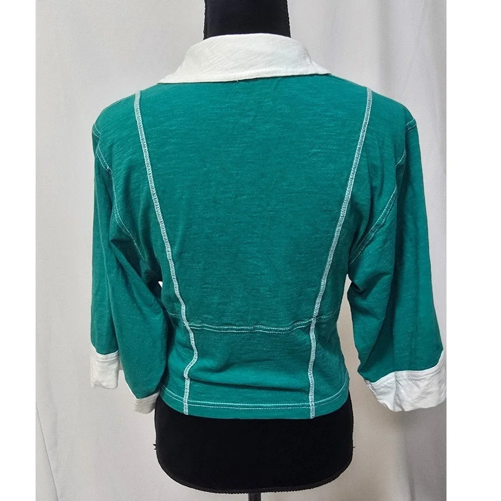 Pilcro Corset Inspired 3/4 Sleeve Polo Shirt Women M Green Anthropologie